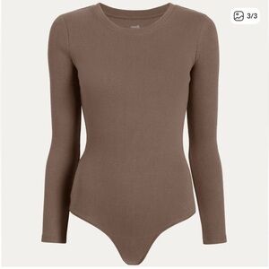nuuds Ribbed Long Sleeve Crewneck Bodysuit in Mocha Brown